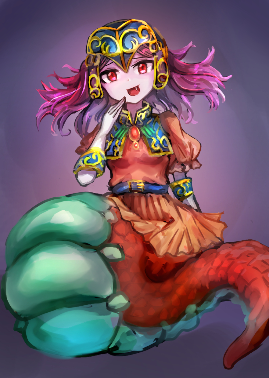 1girl, colored_skin, dress, duel_monster, hatano_kiyoshi, highres, lamia, laughing