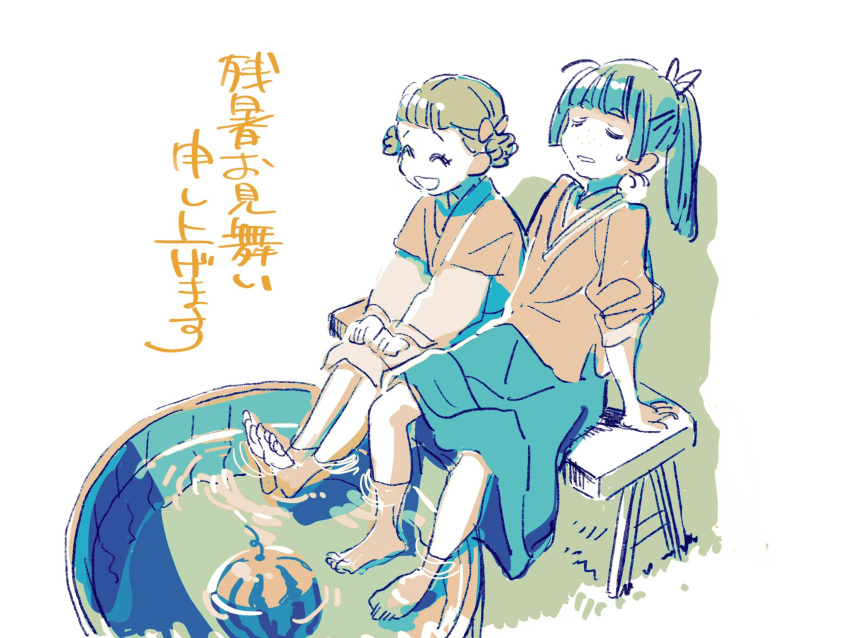 2girls, :d, ^_^, arm_support, barefoot, basin, bench, bow, braid, braided_hair_rings, brown_hair, closed_eyes, food, foot_bath, freckles, fruit, green_hair, green_skirt, hair_bow, highres, kusuriya_no_hitorigoto, long_sleeves, maomao_(kusuriya_no_hitorigoto), multiple_girls, nakatani_yukiko, ponytail, ripples, side-by-side, sitting, skirt, sleeves_pushed_up, small_sweatdrop, smile, soaking_feet, watermelon, xiaolan_(kusuriya_no_hitorigoto), zanshomimai