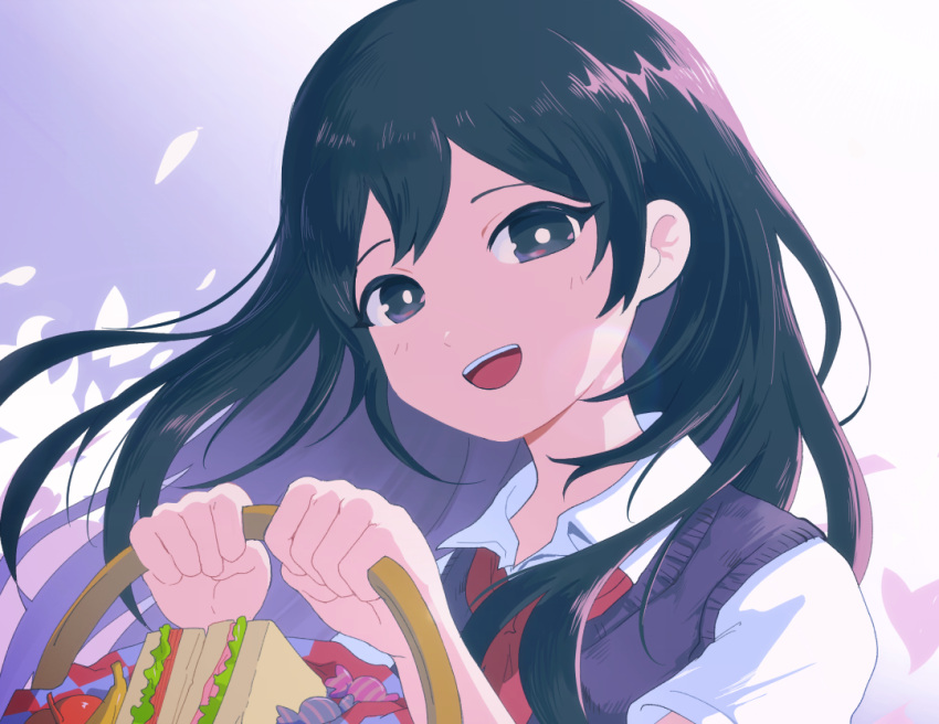 1girl, :d, apple, backlighting, banana, basket, black_eyes, black_hair, bright_pupils, candy, collared_shirt, colored_inner_hair, commentary_request, double-parted_bangs, food, fruit, g_tsurius, gradient_background, hair_between_eyes, hands_up, holding, holding_basket, long_hair, looking_at_viewer, mari_(headspace)_(omori), mari_(omori), multicolored_hair, neckerchief, omori, open_mouth, petals, portrait, purple_background, purple_hair, purple_sweater_vest, red_neckerchief, sandwich, shirt, short_sleeves, simple_background, smile, solo, sweater_vest, tongue, two-tone_hair, white_background, white_pupils, white_shirt, wrapped_candy