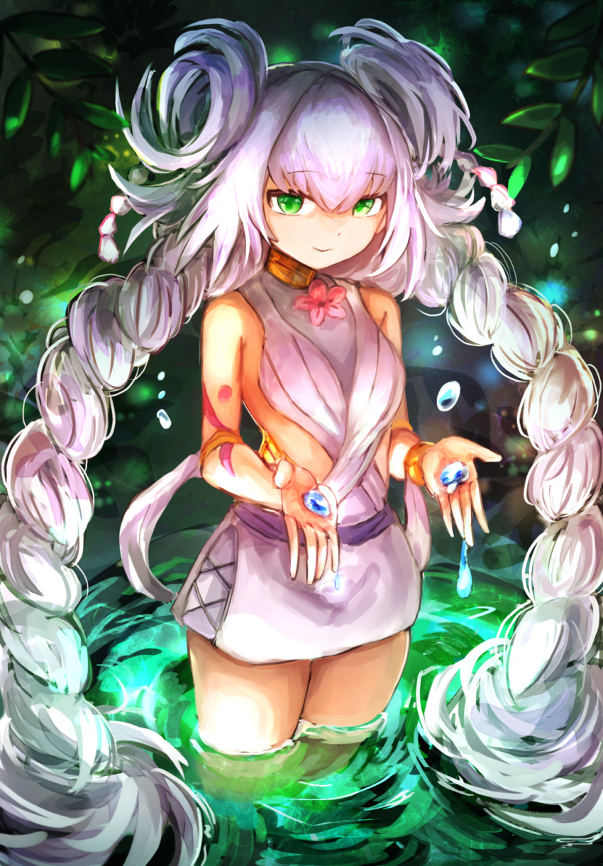 1girl, breasts, clothing_cutout, duel_monster, green_eyes, grey_hair, hatano_kiyoshi, highres