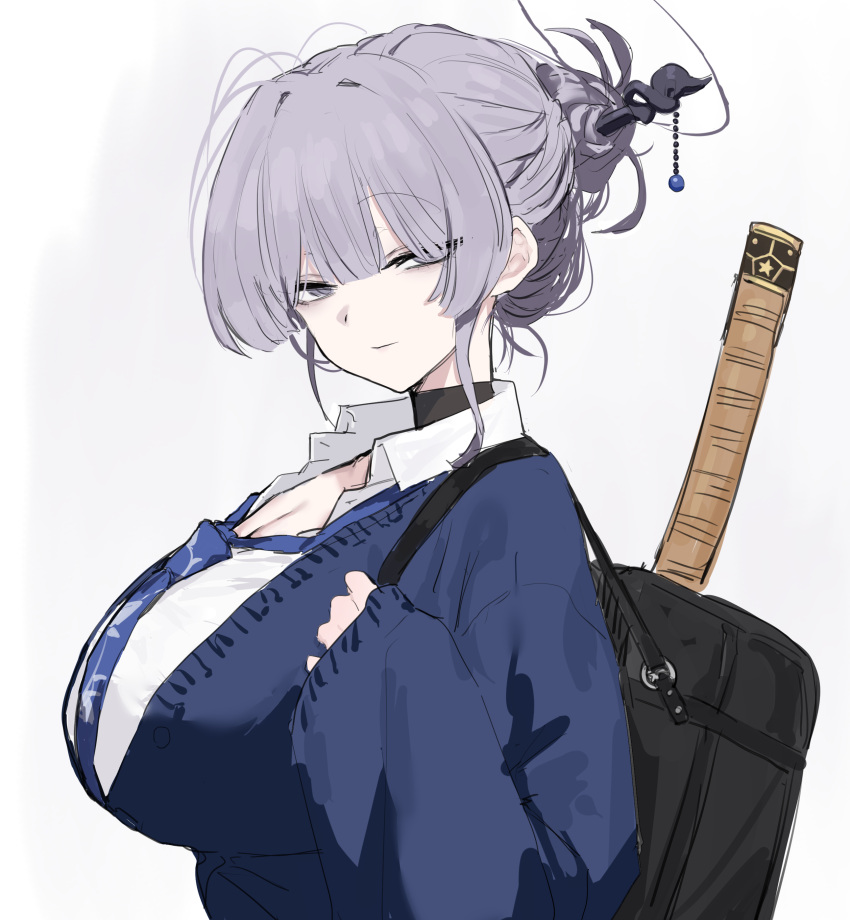 1girl, absurdres, bags_under_eyes, black_choker, blue_cardigan, blue_necktie, breasts, cardigan