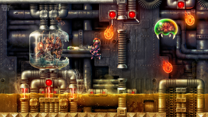 1girl, absurdres, acid, alien, arm_cannon, armor, artist_name, boss_fight
