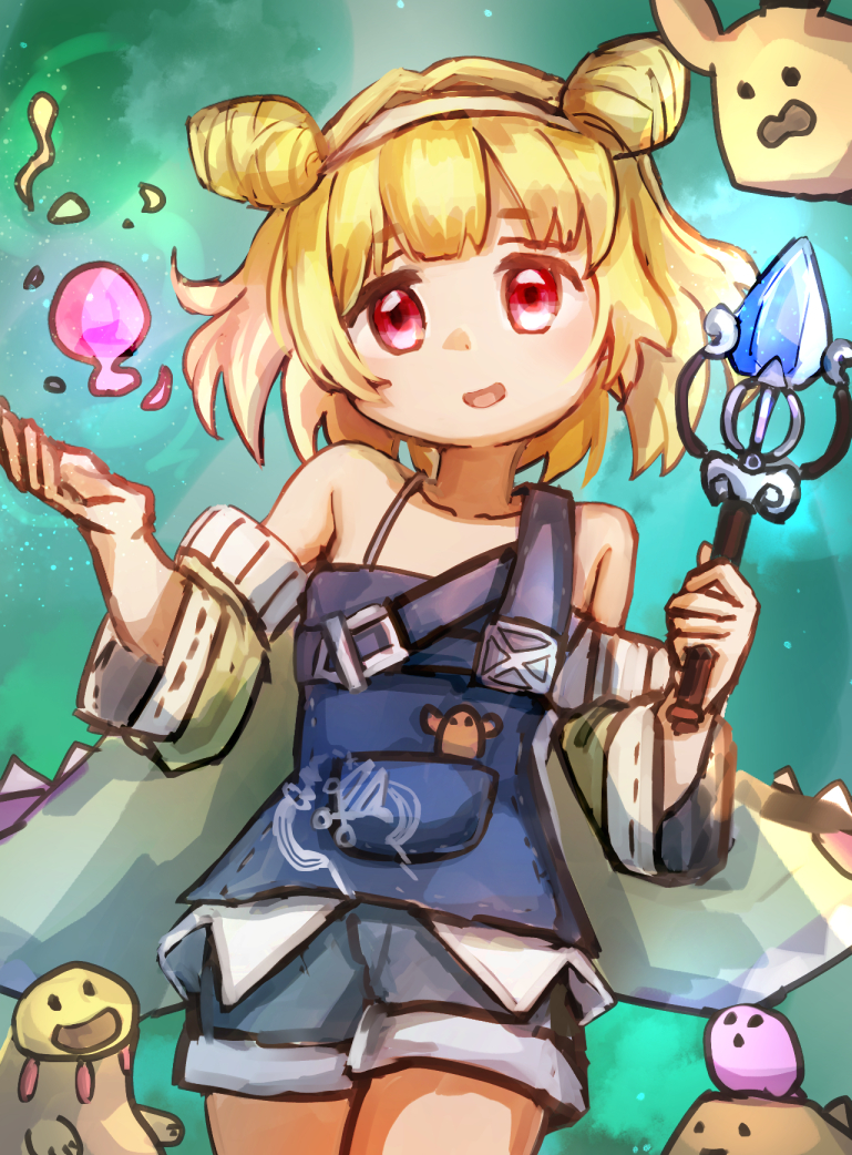 1girl, blonde_hair, coat, denim, denim_shorts, double_bun, duel_monster, familiar
