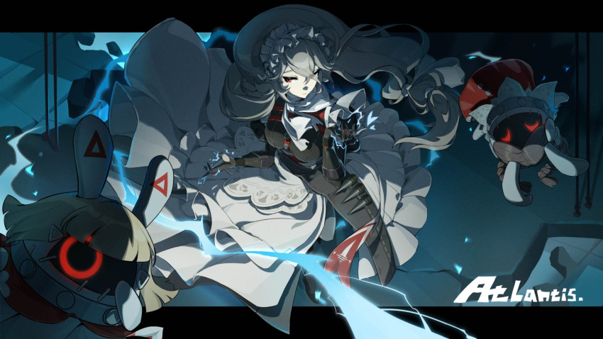1girl, alexandrina_sebastiane, anastella_(zenless_zone_zero), artist_name, atlantis_(artist), black_border, black_dress, black_gloves, border, breasts, closed_mouth, dress, drusilla_(zenless_zone_zero), expressionless, gloves, hair_between_eyes, highres, incoming_attack, indoors, large_breasts, light_brown_hair, lightning, long_hair, looking_to_the_side, maid, partially_fingerless_gloves, red_eyes, sidelocks, solo, zenless_zone_zero