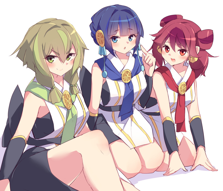 3girls, absurdres, blue_eyes, blue_hair, duel_monster, green_eyes, green_hair, ha-re_the_sword_mikanko