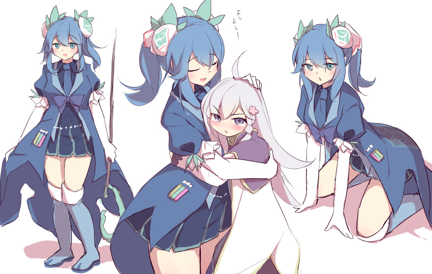 2girls, absurdres, ahoge, aromage_jasmine, aromage_rosemary, blue_dress, blue_hair, crying, dress, duel_monster, full_body, highres, holding, holding_staff, kanzakietc, looking_at_viewer, multiple_girls, necktie, ponytail, purple_hair, solo_focus, staff, violet_eyes, white_background, yu-gi-oh!