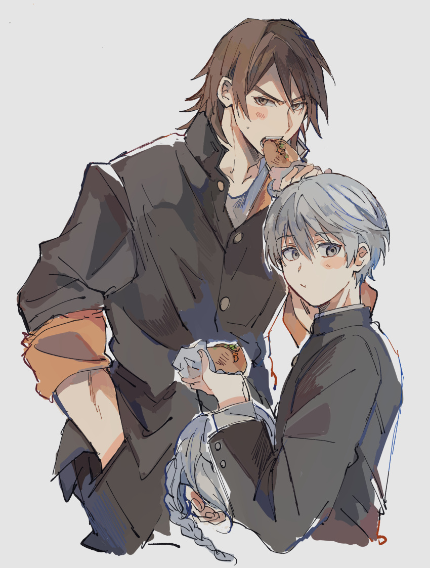 2boys, absurdres, blush, brown_eyes, brown_hair, eating, food, gakuran