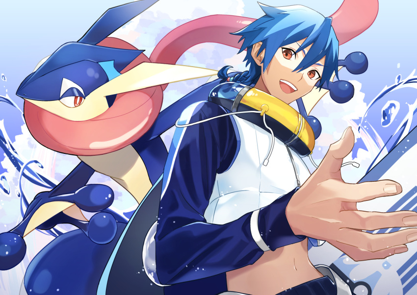 1boy, alternate_costume, alternate_hairstyle, arm_up, blue_hair, blue_skin, braid, clouds