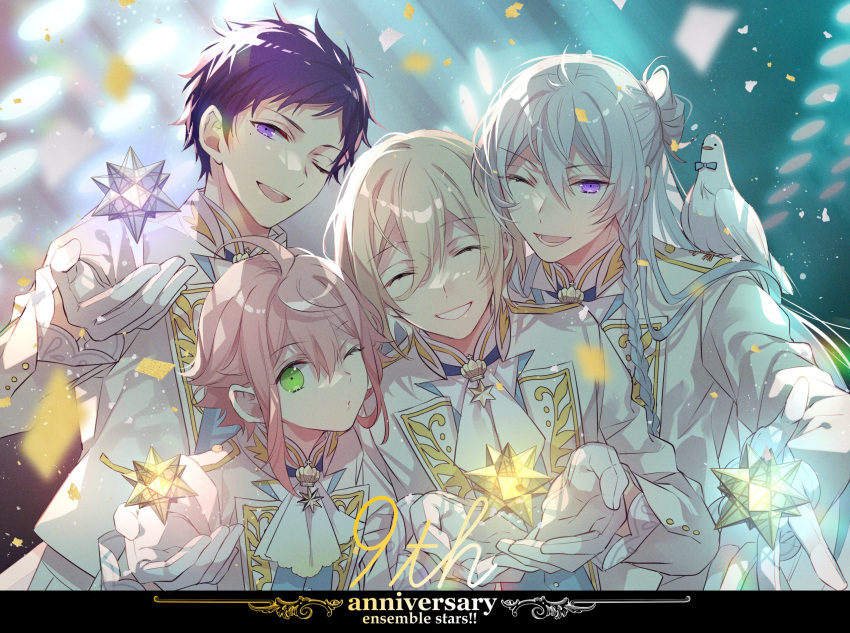 4boys, ;d, animal_on_shoulder, bird, bird_on_shoulder, bishounen, blazer, blurry