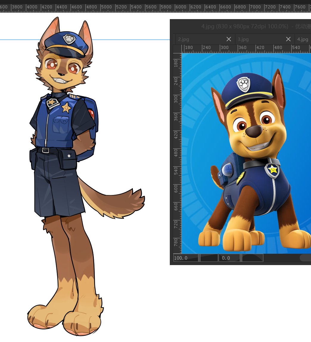 1boy, animal, arms_behind_back, art_program_in_frame, body_fur, brown_eyes, brown_fur, chase_(paw_patrol)