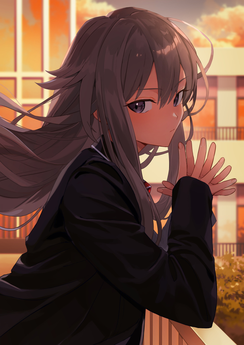 1girl, arms_up, black_jacket, building, bush, closed_mouth, clouds, commentary