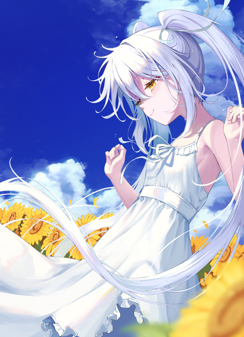 1girl, akie_(44265104), armpits, bare_shoulders, blue_sky, blush, bow, breasts