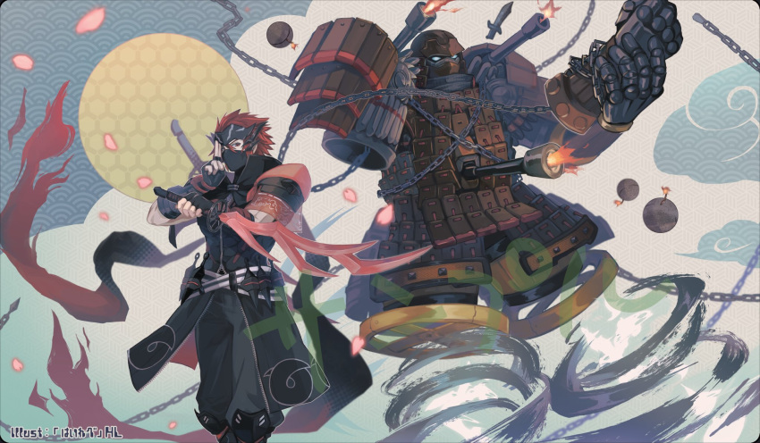 2boys, artist_name, brown_hair, covered_mouth, duel_monster, highres, holding, holding_sword, holding_weapon, kuji-in, male_focus, mask, meizen_the_battle_ninja, mouth_mask, multiple_boys, ninja, pipu_012, robot, shoulder_cannon, sword, weapon, yaguramaru_the_armor_ninja, yu-gi-oh!