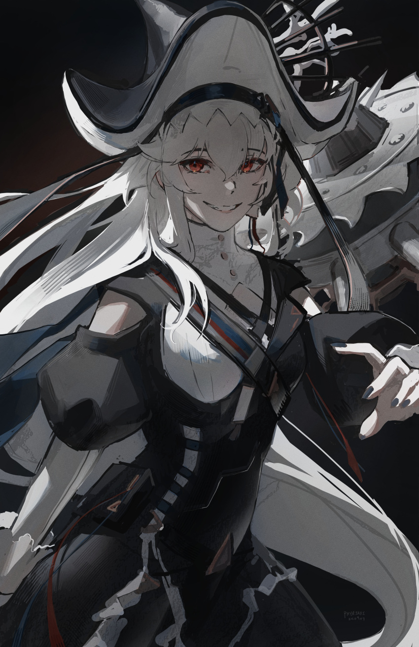 1girl, absurdres, arknights, artist_name, black_dress, black_hat, black_nails, black_ribbon, commentary, cowboy_shot, dark, dated, dress, english_commentary, evil_grin, evil_smile, fingernails, grin, hair_between_eyes, hat, highres, long_hair, looking_at_viewer, nail_polish, official_alternate_costume, orange_eyes, phyriaxi, ribbon, signature, smile, solo, specter_(arknights), specter_the_unchained_(arknights), standing, two-sided_fabric, two-sided_headwear, white_dress, white_hair, white_hat