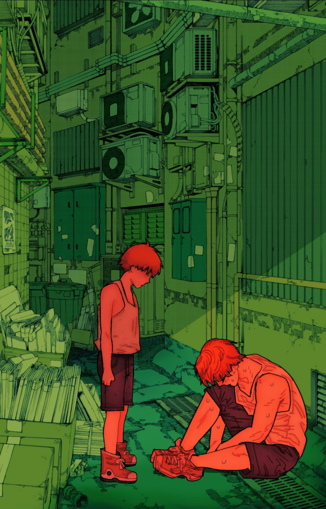 2boys, aged_down, alley, box, bubblemunne, cardboard_box, chainsaw_man, commentary