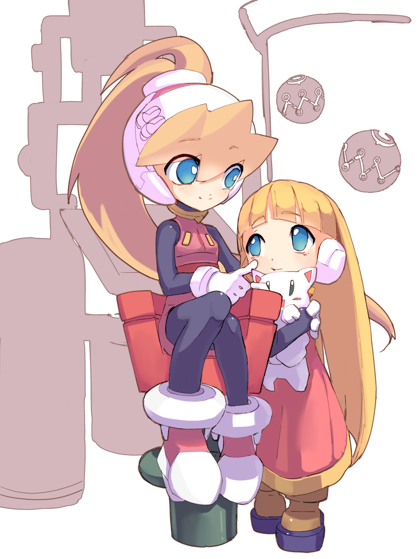 2girls, absurdres, alouette_(mega_man), black_bodysuit, blonde_hair, blue_eyes, bodysuit, chibi