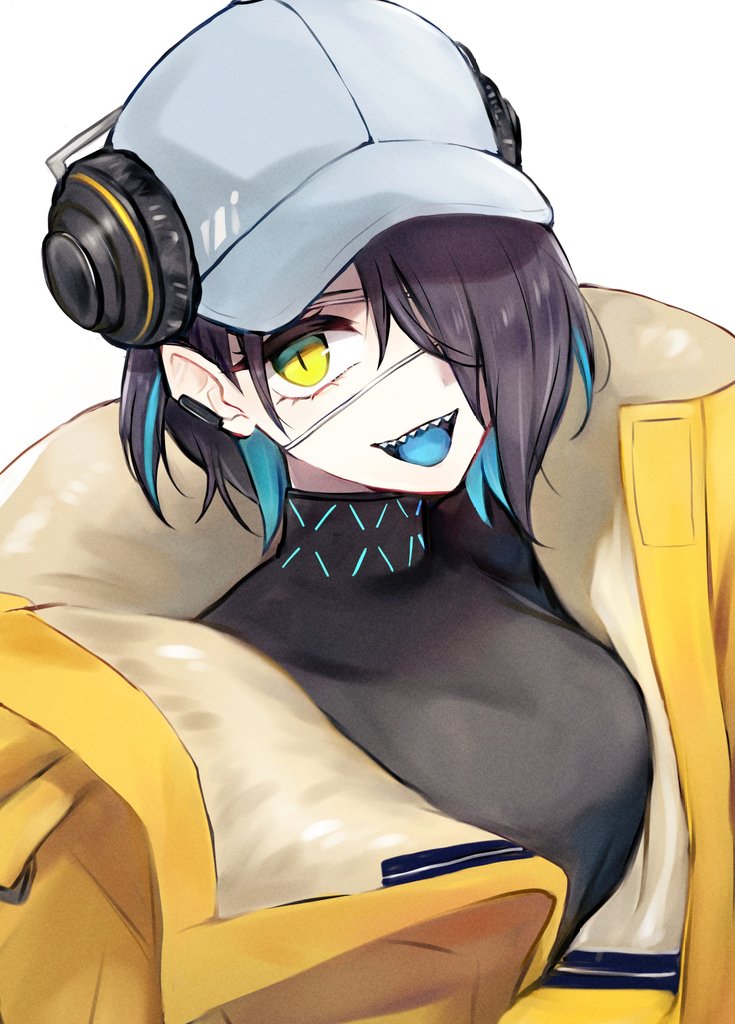 1girl, arknights, asbestos_(arknights), baseball_cap, black_sweater, blue_hair, blue_tongue, coat
