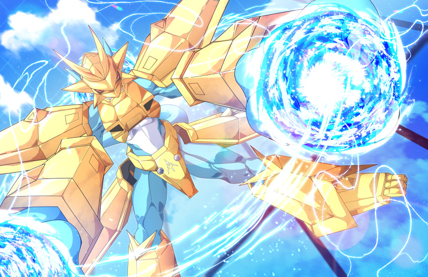 absurdres, armor, blue_skin, colored_skin, digimon, digimon_(creature), gold_armor, gold_helmet