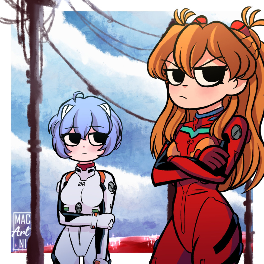 2girls, ahoge, angry, annoyed, artist_name, ayanami_rei, black_eyes, blue_hair, blue_sky, blush, bodysuit, border, breasts, bryan_lee_o'malley_(style), closed_mouth, clothes_writing, clouds, cloudy_sky, cowboy_shot, expressionless, eyelashes, from_side, frown, glaring, gloves, hair_between_eyes, highres, horizon, interface_headset, jitome, lcl, light_blush, long_hair, looking_at_another, looking_at_viewer, looking_to_the_side, macartni, medium_breasts, multiple_girls, neon_genesis_evangelion, ocean, parody, plugsuit, power_lines, red_bodysuit, red_gloves, redhead, scott_pilgrim_(series), short_hair, sky, small_breasts, souryuu_asuka_langley, standing, style_parody, thigh_gap, two_side_up, v-shaped_eyebrows, white_bodysuit, white_border, white_gloves
