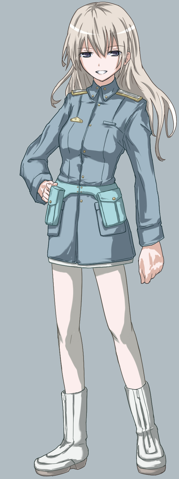 boots, eila_ilmatar_juutilainen, grin, highres, long_hair, military, military_uniform, pantyhose