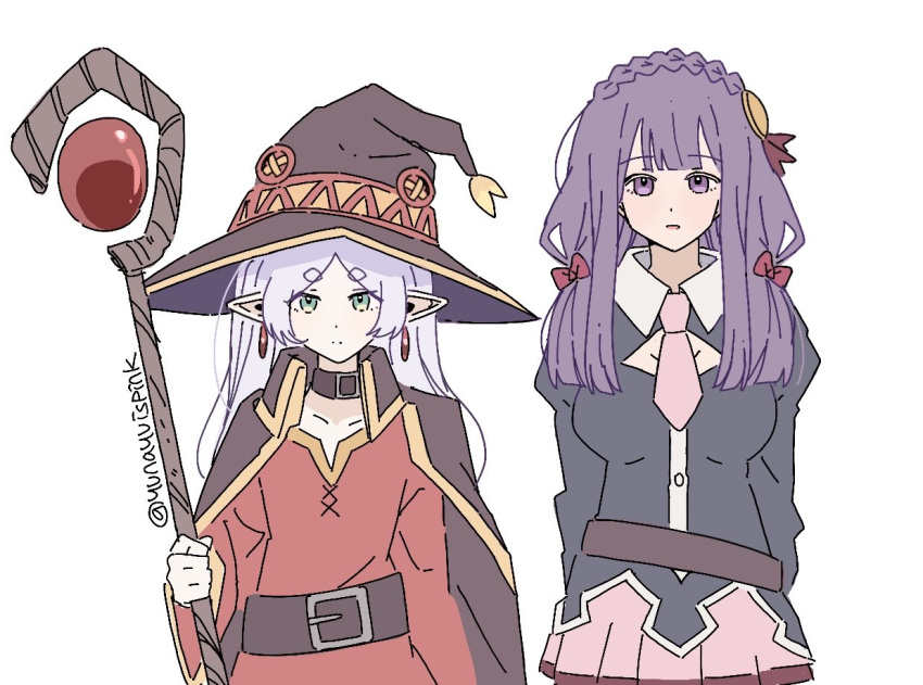 2girls, belt, black_choker, blunt_bangs, bow, braid, breasts, brown_cape