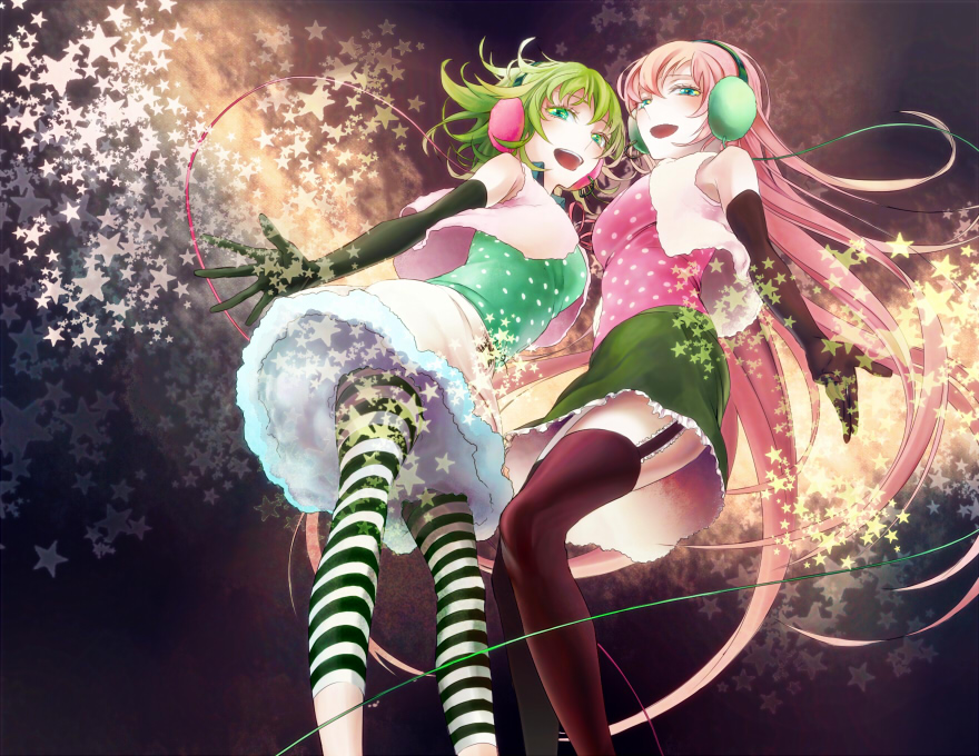 earmuffs, elbow_gloves, gloves, green_eyes, green_hair, gumi, happy_synthesizer_(vocaloid), headphones