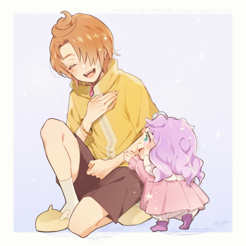 1boy, 1girl, :d, age_difference, aqua_eyes, black_shorts, blush, border, bracelet, brown_hair, character_name, copyright_name, dress, ellee-chan, hair_over_one_eye, height_difference, highres, hirogaru_sky!_precure, jacket, jewelry, lanzhu, long_hair, on_one_knee, orange_footwear, pink_dress, pink_hair, precure, purple_socks, short_hair, short_sleeves, shorts, slippers, smile, socks, white_border, white_socks, yellow_jacket, yuunagi_tsubasa