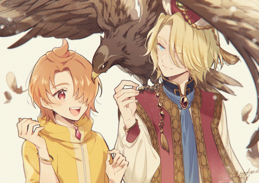 2boys, :d, animal_on_shoulder, bird, bird_on_shoulder, blonde_hair, blue_eyes, bracelet