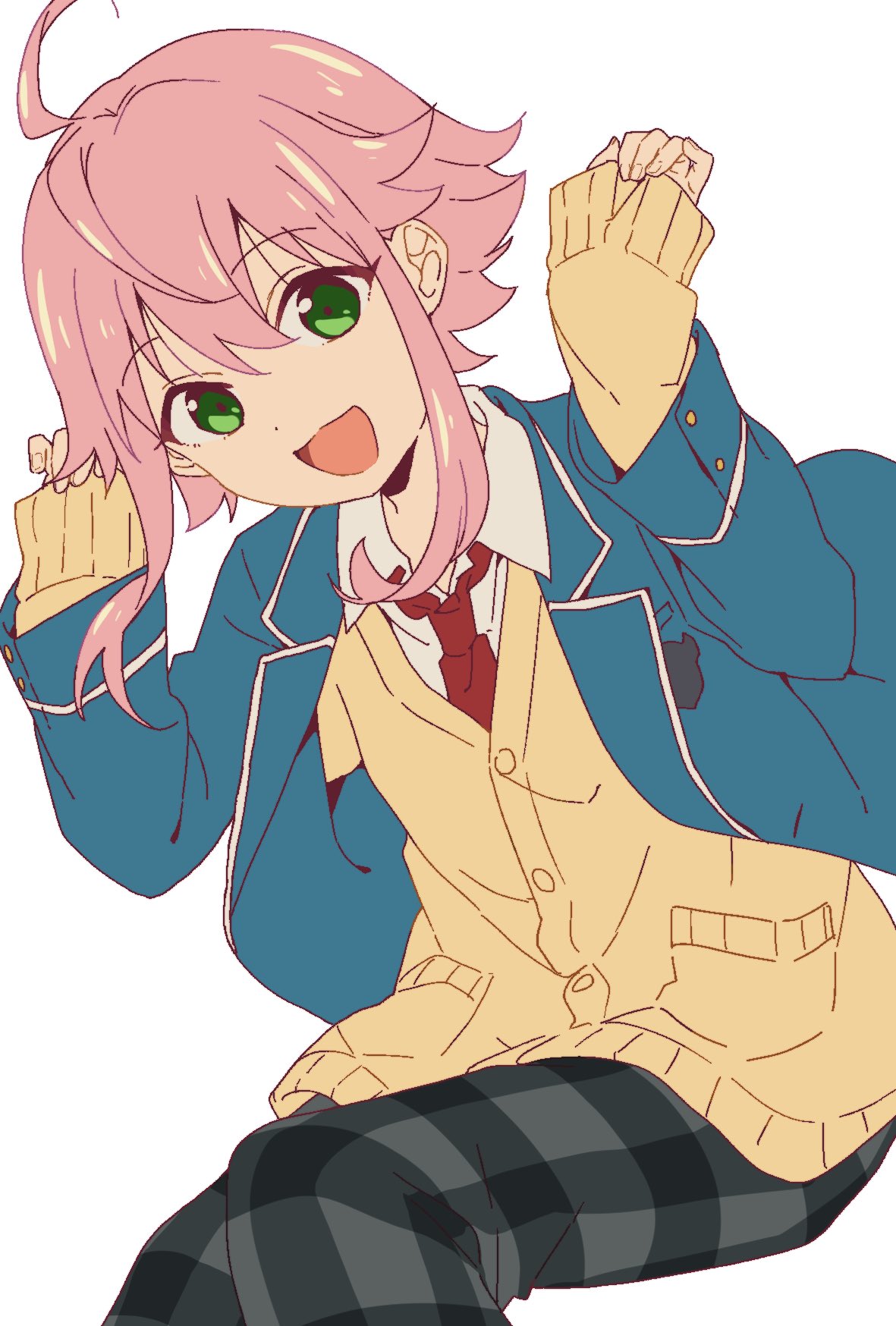 1boy, :3, ahoge, androgynous, arms_up, blue_jacket, collared_shirt, cowboy_shot