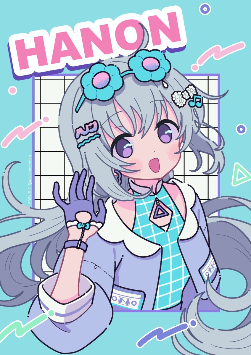 1girl, :d, beamed_eighth_notes, blue-framed_eyewear, blue_background, blue_bow, blue_shirt, bow