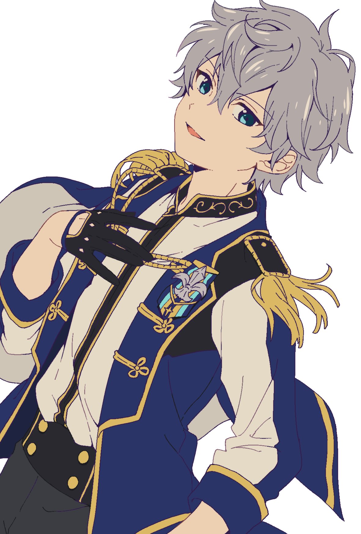 1boy, aiguillette, arm_at_side, bishounen, black_gloves, black_pants, blue_coat, blue_eyes