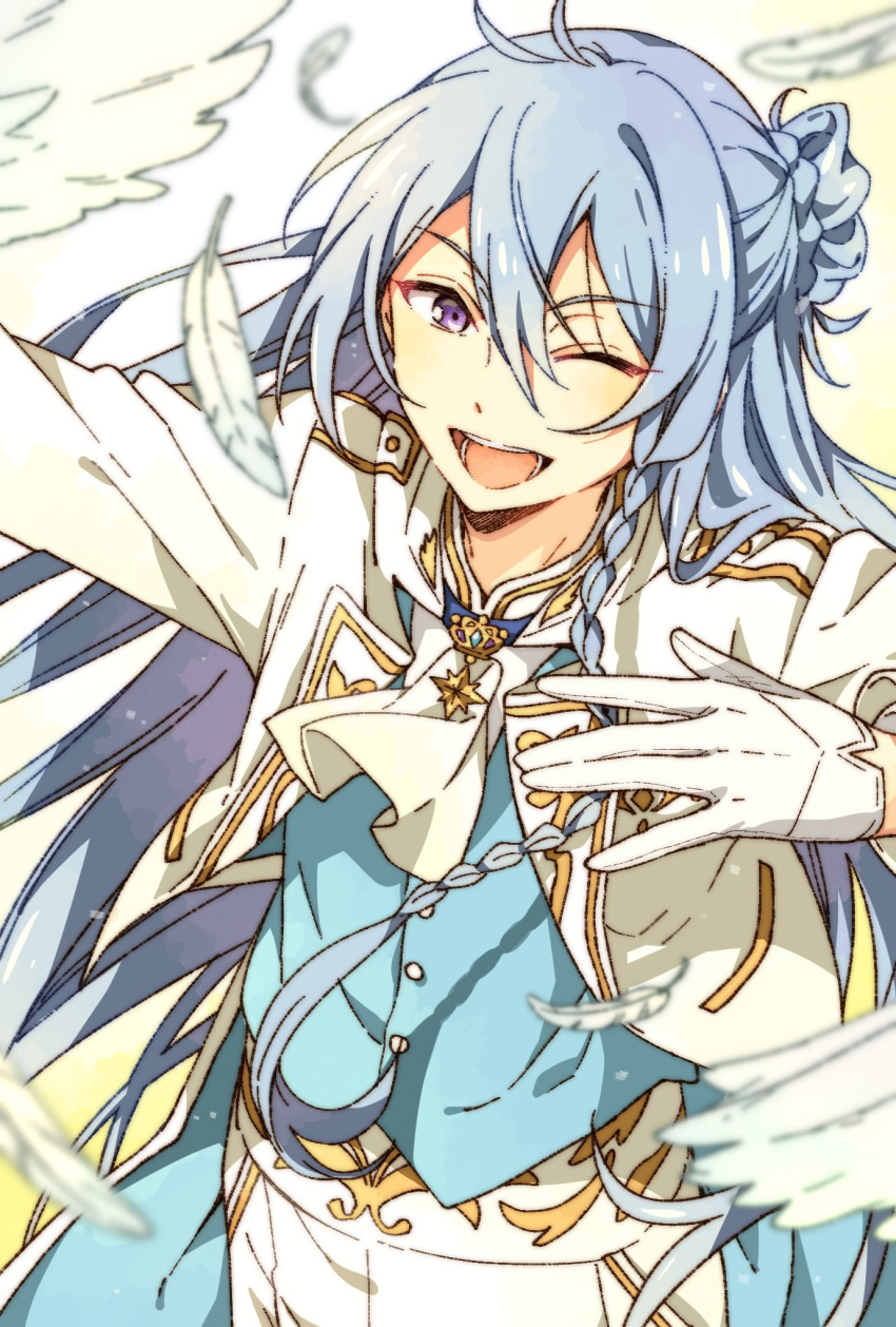 1boy, ;d, arm_up, ascot, bird, bishounen, blazer, blue_hair