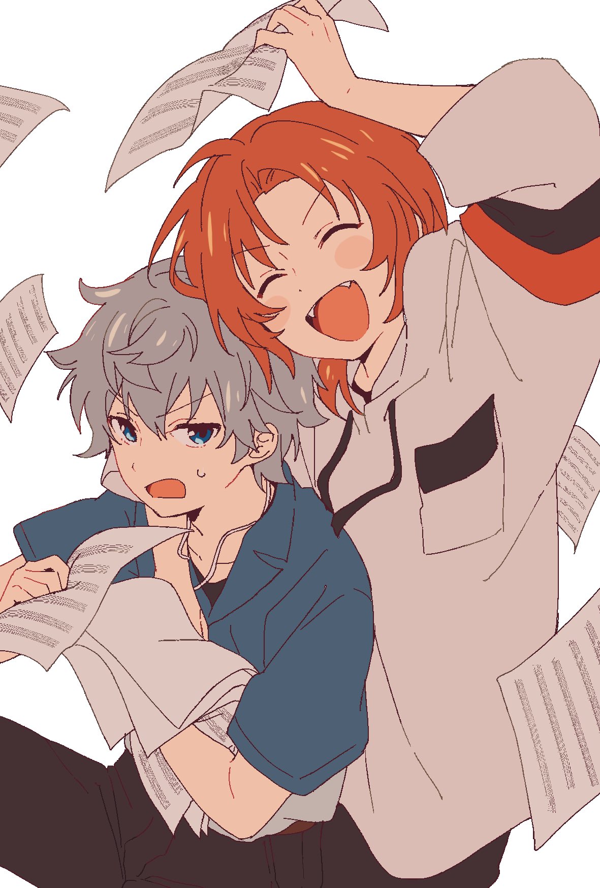 2boys, :d, ^_^, annoyed, arm_on_another's_shoulder, arm_up, behind_another, bishounen