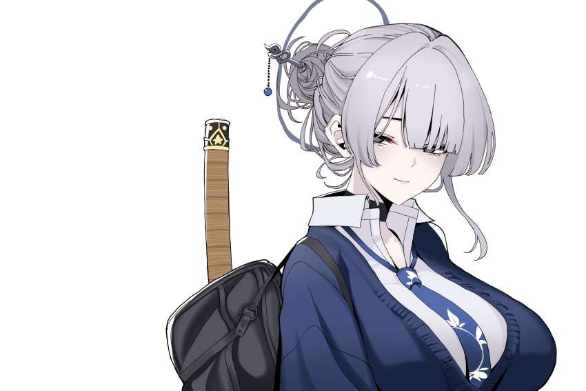 1girl, bags_under_eyes, black_choker, blue_cardigan, blue_necktie, cardigan, choker, grey_eyes