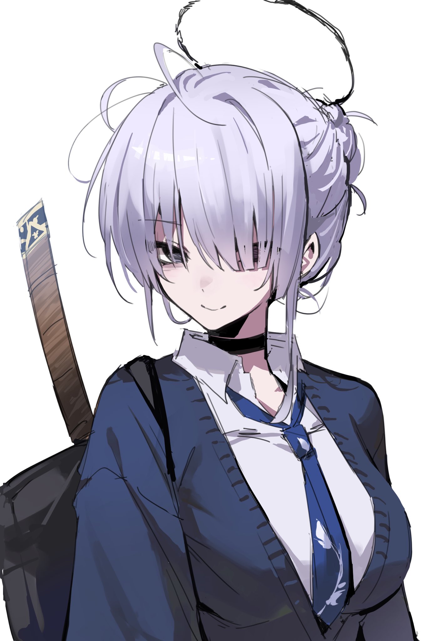 1girl, bags_under_eyes, black_choker, blue_cardigan, blue_necktie, cardigan, choker, grey_eyes
