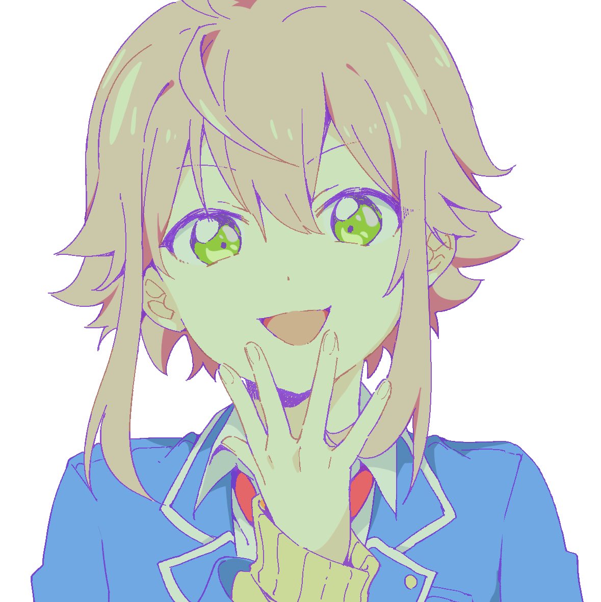 1boy, androgynous, blue_jacket, cowlick, double-parted_bangs, ensemble_stars!, flipped_hair, green_eyes
