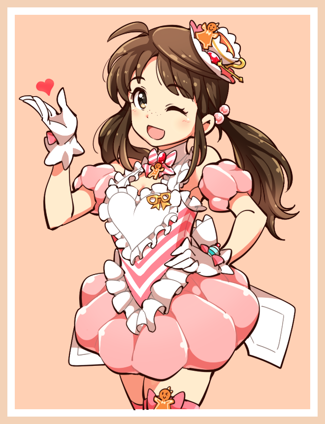 1girl, :d, aopanda, brown_eyes, brown_hair, hat, heart, idolmaster