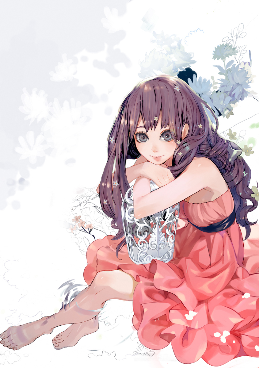 barefoot, cage, dress, feet_in_water, flower, greek_toe, green_eyes, highres