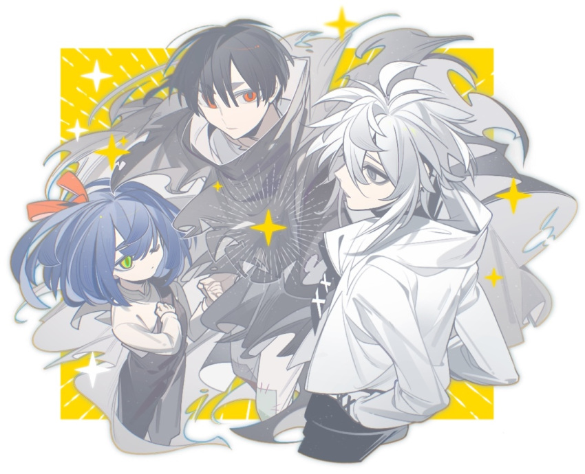 1girl, 2boys, akabane_sousei, black_hair, blue_hair, border, chidori_(sentai_dai_shikkaku), cloak, green_eyes, grey_eyes, hair_ribbon, hands_in_pockets, long_sleeves, midorikawa_momiji, mole, mole_under_eye, multiple_boys, red_eyes, ribbon, sangjiii1, sentai_daishikkaku, white_border, white_hair, wolf_cut, yellow_background