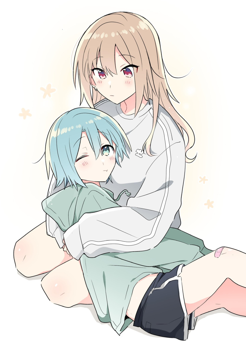 2girls, bandaid, bandaid_on_knee, bandaid_on_leg, black_shorts, blue_eyes, blue_hair, blush