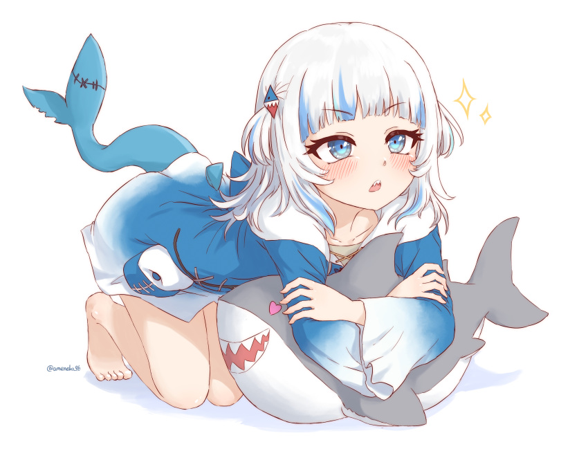 1girl, :o, ameneko_kuro, barefoot, blue_eyes, blue_hair, blue_hoodie, blush
