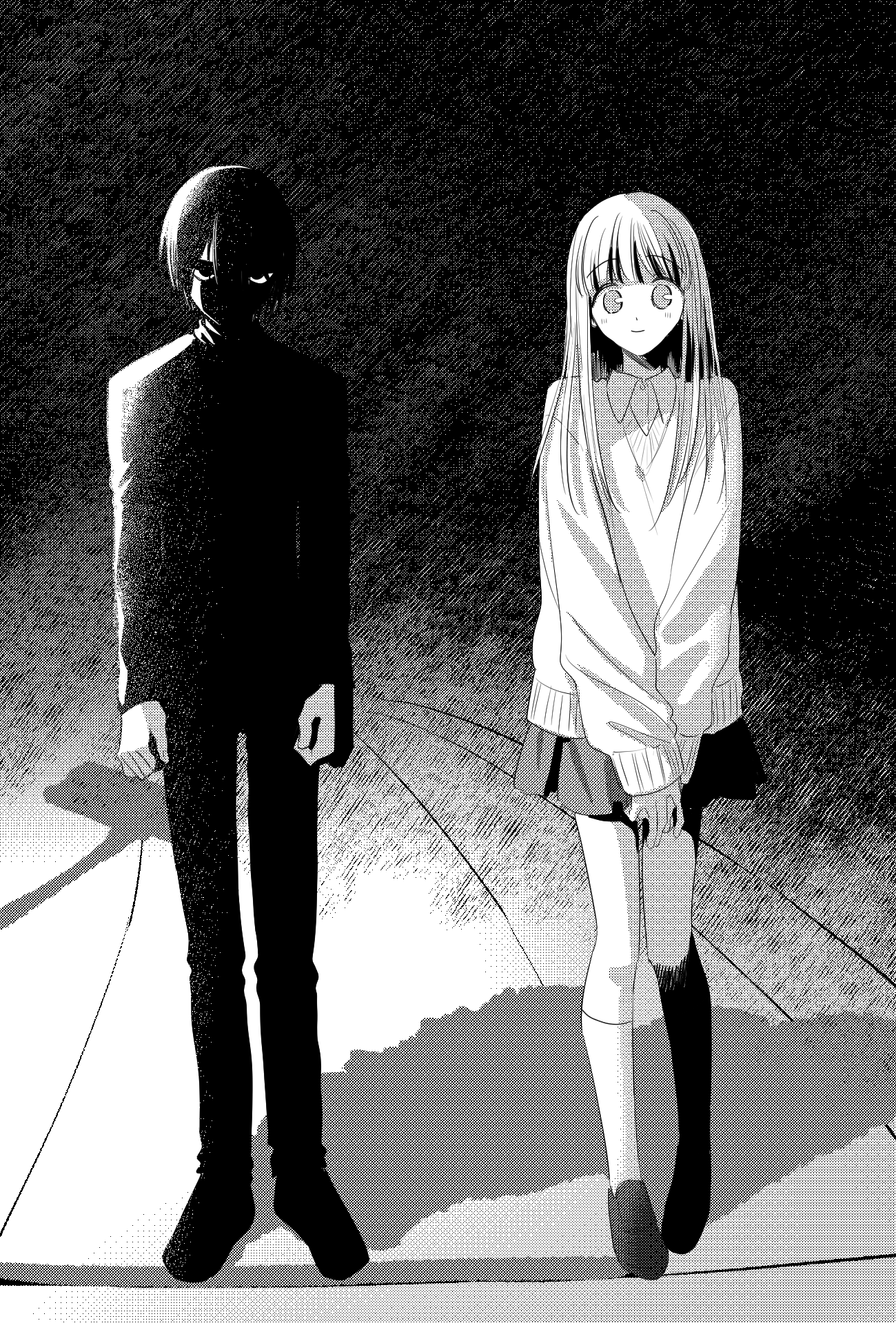 2girls, baby_(demotsu), black_hair, black_jacket, black_pants, black_skirt, blunt_bangs, collared_shirt