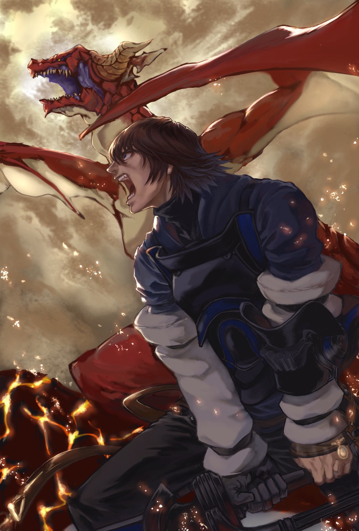1boy, angel_(drag-on_dragoon), armor, brown_hair, caim_(drag-on_dragoon), commentary_request, drag-on_dragoon, drag-on_dragoon_1, dragon, embers, gloves, highres, holding, holding_sword, holding_weapon, horns, male_focus, open_mouth, sa_bakan6, short_hair, shouting, standing, sword, weapon, western_dragon