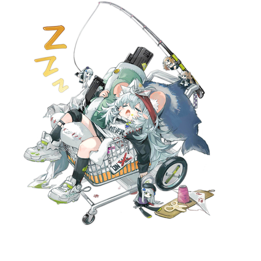 1girl, aged_down, animal_ears, assault_rifle, black_socks, blanket, blush_stickers, character_doll