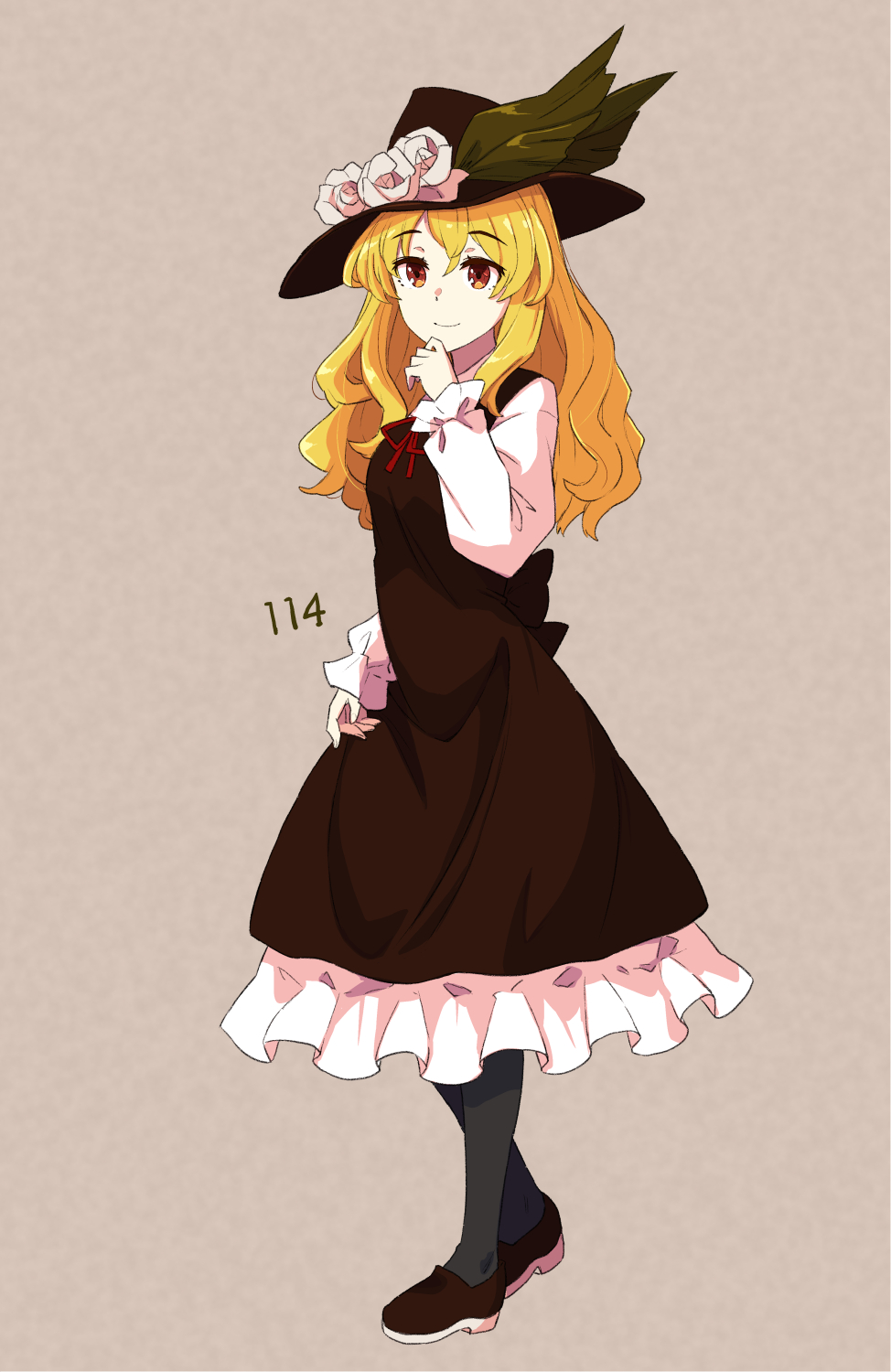 1girl, black_pantyhose, blonde_hair, brown_dress, brown_eyes, brown_footwear, brown_hat, closed_mouth, collared_shirt, commentary_request, dolls_in_pseudo_paradise, dress, feathers, frilled_dress, frilled_hat, frilled_sleeves, frills, full_body, green_feathers, happy, hat, hat_feather, highres, jack_(wkm74959), jacket_girl_(dipp), loafers, long_hair, long_sleeves, neck_ribbon, one-hour_drawing_challenge, pantyhose, puffy_sleeves, red_ribbon, ribbon, shirt, shoes, smile, solo, standing, touhou, wavy_hair