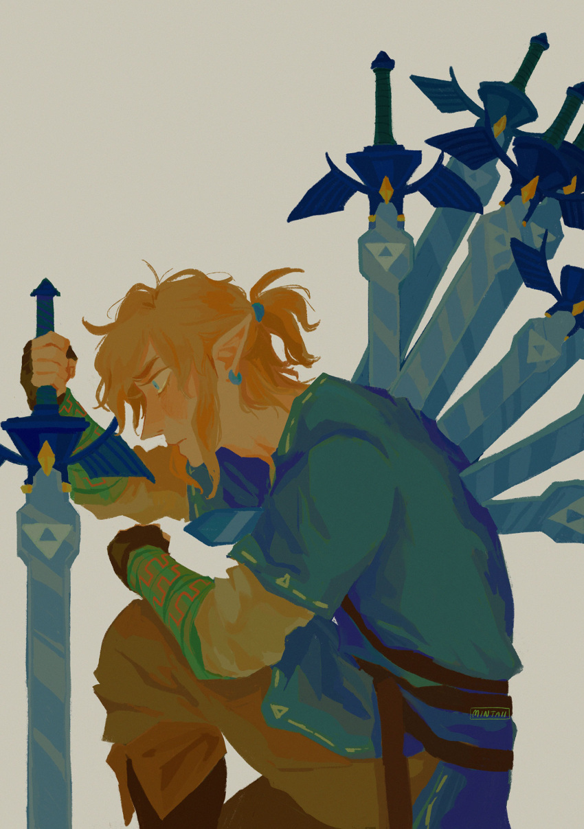 1boy, aqua_tunic, arm_on_knee, arm_warmers, belt, black_gloves, blonde_hair, blue_eyes