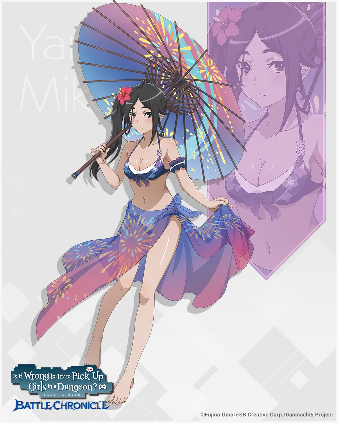 1girl, bikini, black_eyes, black_hair, blue_bikini, blush, breasts, dungeon_ni_deai_wo_motomeru_no_wa_machigatteiru_darou_ka, fireworks_print, highres, holding, holding_umbrella, lifting_own_clothes, official_art, print_bikini, sarong, side_ponytail, small_breasts, swimsuit, umbrella, yamato_mikoto