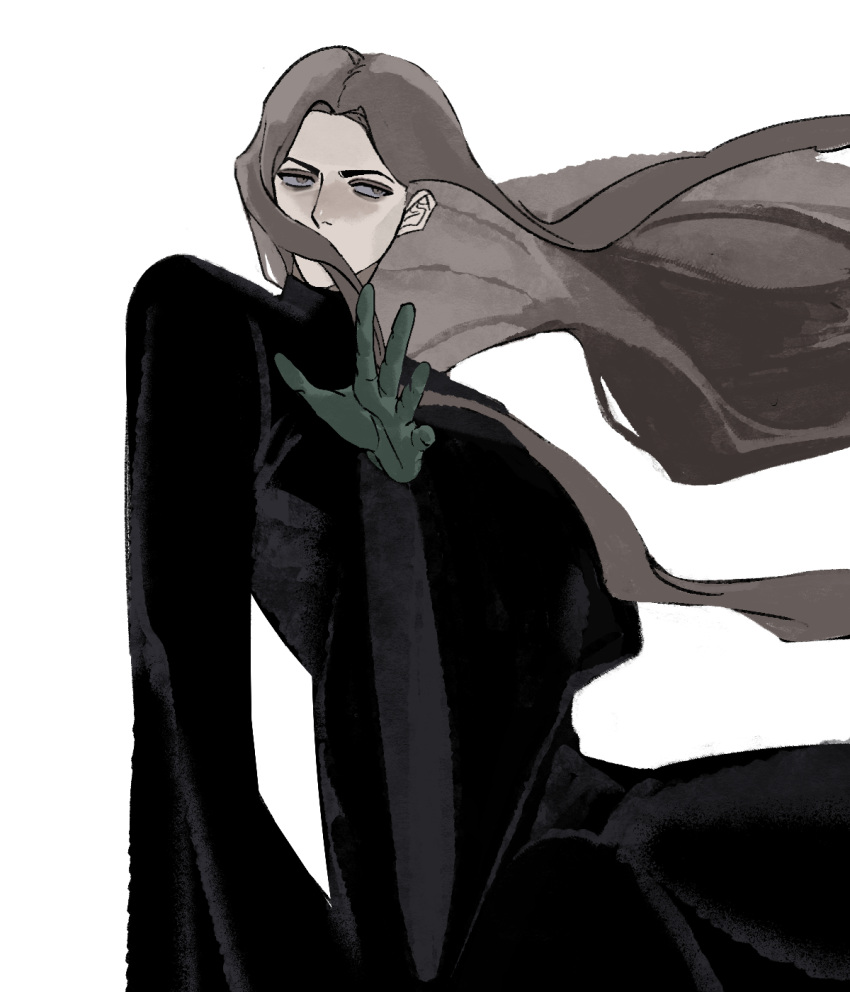 1boy, arm_up, black_robe, brown_hair, commentary, covered_mouth, english_commentary, enki_(fear_&amp;_hunger)