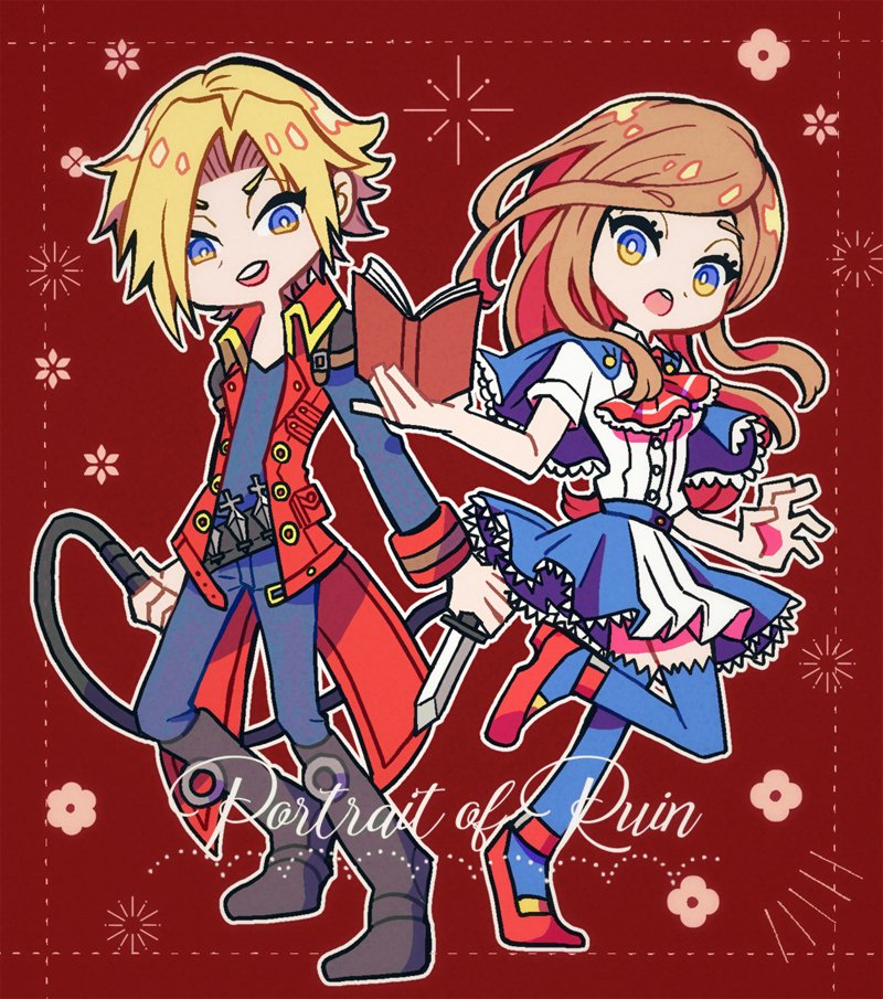 1boy, 1girl, ascot, black_footwear, black_shirt, blonde_hair, blue_capelet, blue_eyes