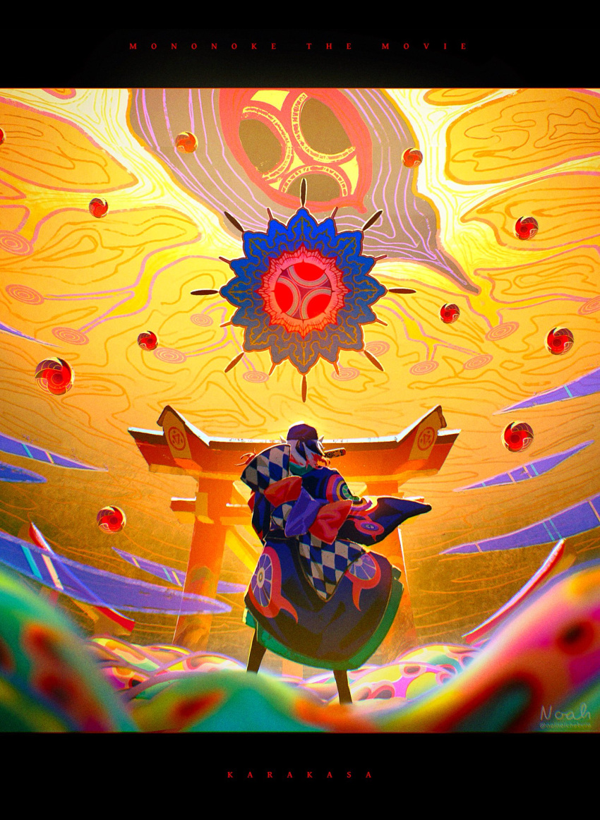 1boy, artist_name, bandana, black_border, blurry, blurry_foreground, border, english_text